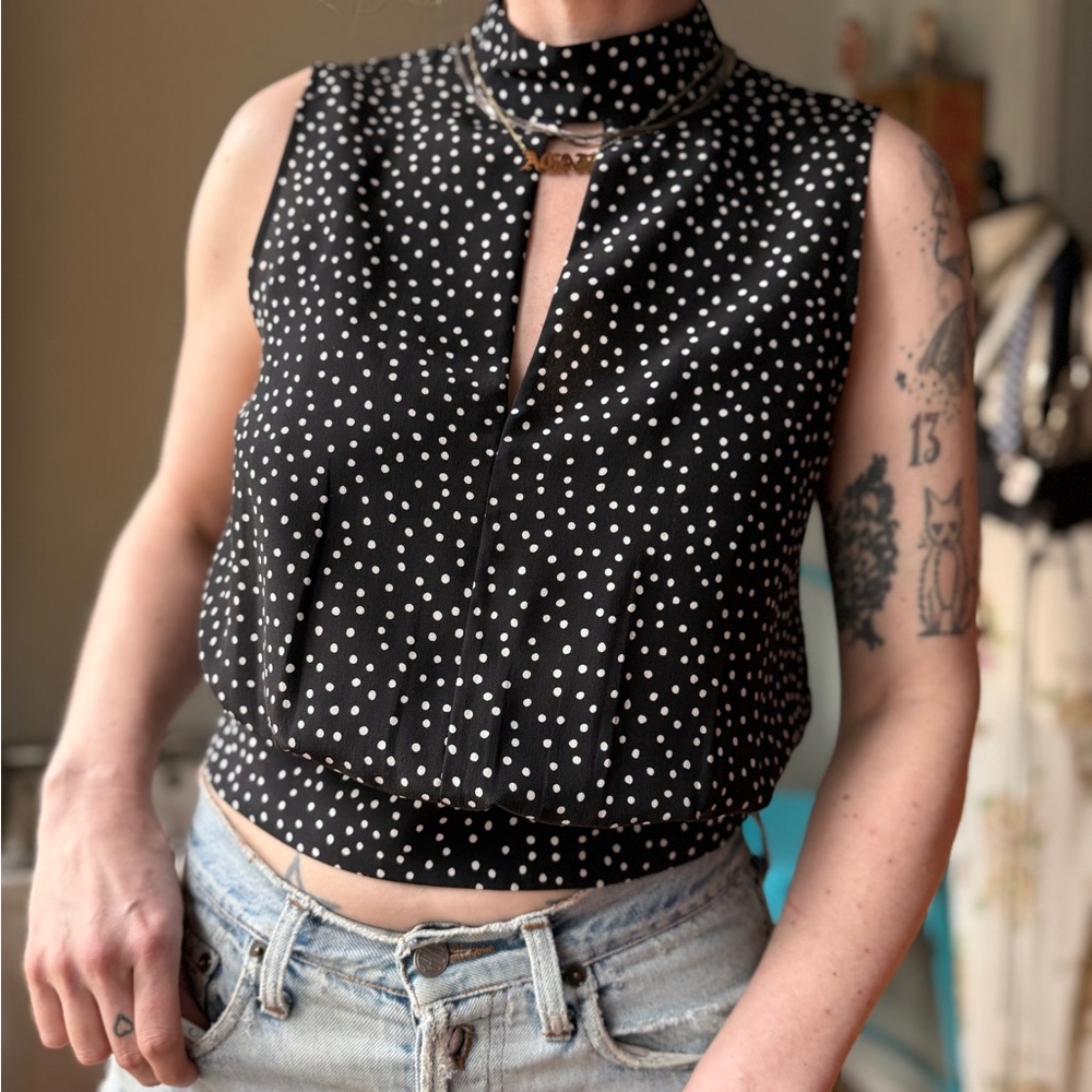 FRAME Silk Polka Dot Blouse | Black White Sleeveless Mock Neck Top | Keyhole Hig